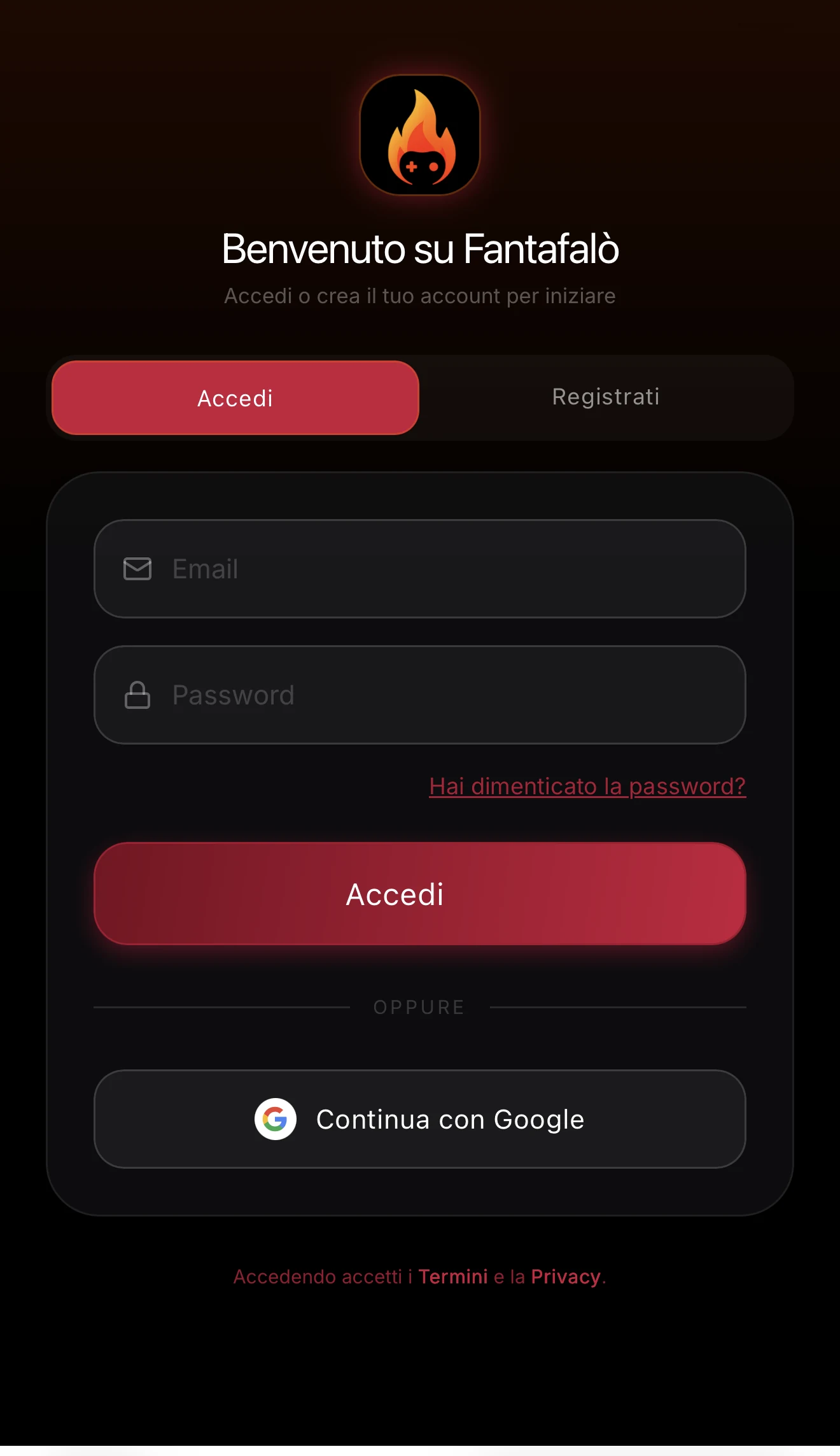 Schermata di accesso dell'app Fantafalò